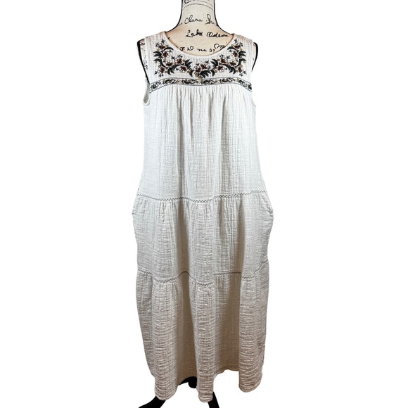 Cotton Gauze Maxi Dress Embroidered Bohemian Sleeveless White Size S - Picture 1 of 8